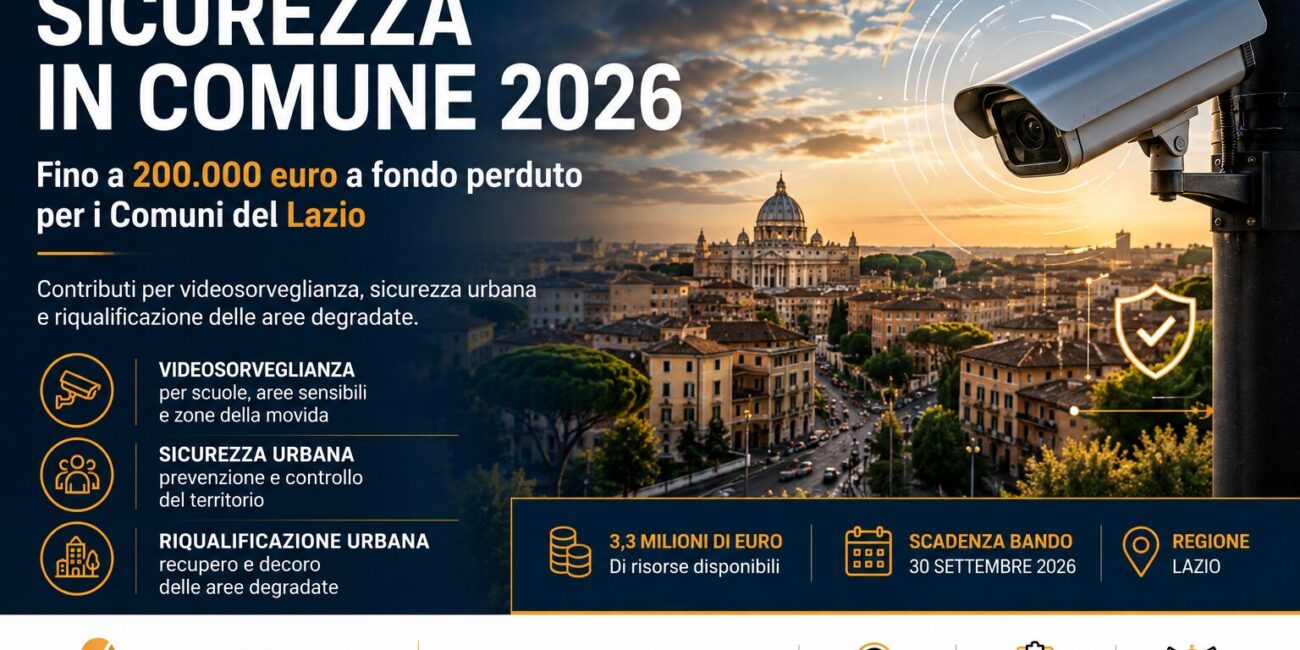 Bando Sicurezza in Comune 2026 della Regione Lazio per videosorveglianza, sicurezza urbana e riqualificazione